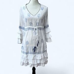 Luna Life white boho dress with blue embroidery